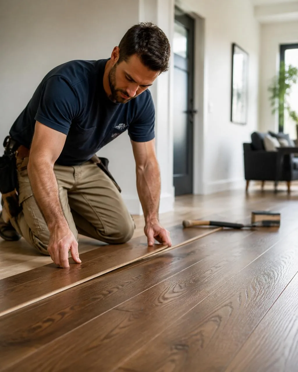 Craftsman installing premium luxury vinyl plank flooring