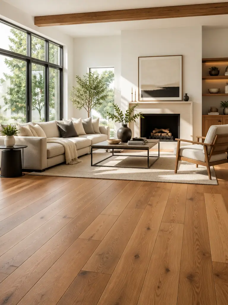 Warm, modern living room with newly installed luxury vinyl flooring